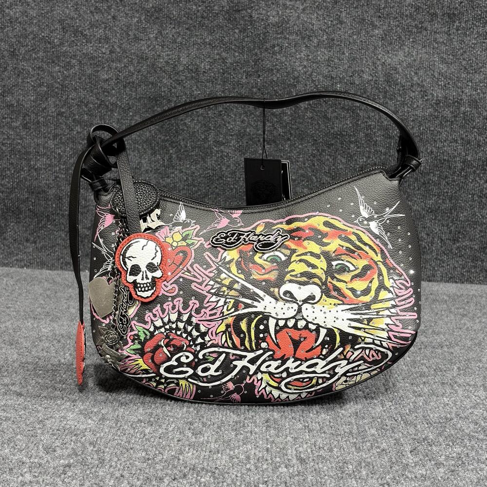 Ed Hardy Crossbody Bag Womens Small Black Multicolor Tiger Skull Hobo With Charm